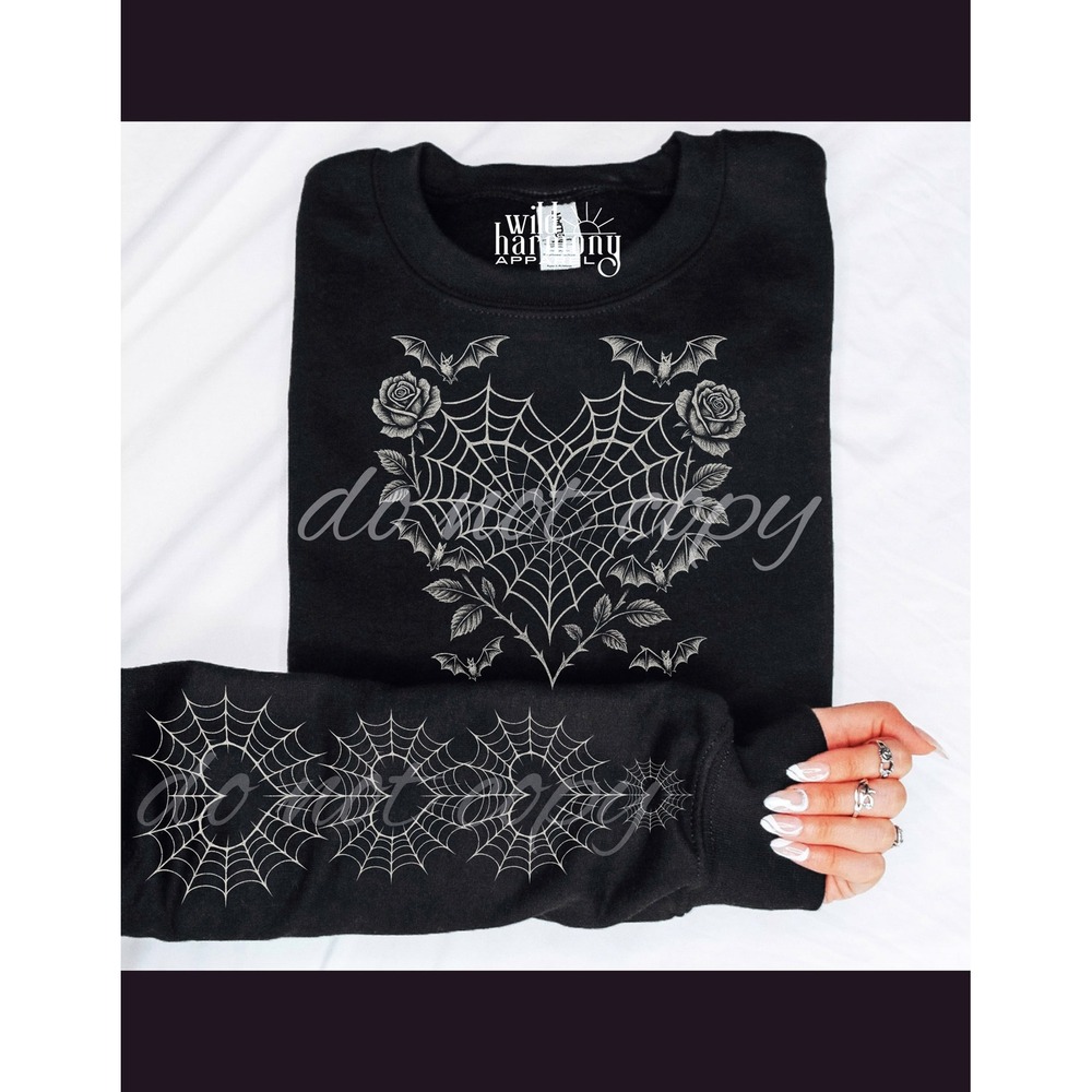 Wild Harmony Apparel Womens Black Bat Spiderweb Heart Rose Gothic Sweatshirt L